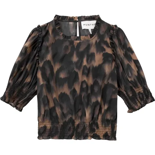 Leopard Print Cropped Top with Smock Details , female, Sizes: 2XS, XS - Munthe - Modalova