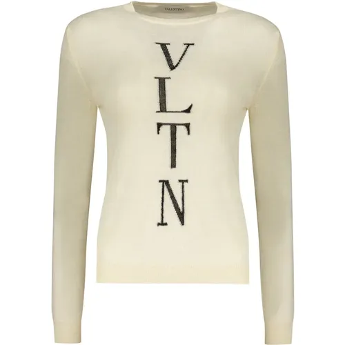 Gerippter Crew-Neck Wollpullover mit Logo - Valentino - Modalova