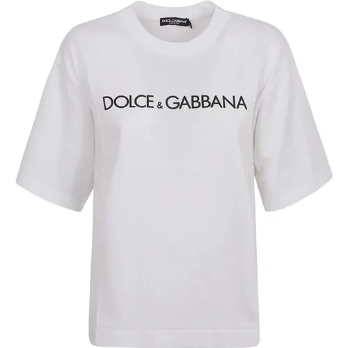 Weiße T-Shirt Kollektion,Logo-Print Baumwoll T-Shirt Rundhals - Dolce & Gabbana - Modalova