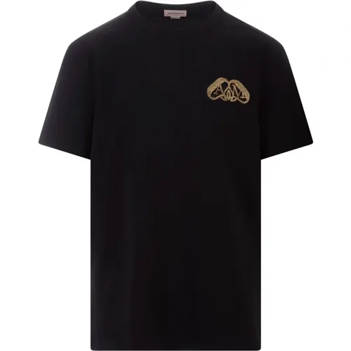 Schwarzes Crew-neck T-Shirt mit Goldenem Siegel , Herren, Größe: M - alexander mcqueen - Modalova