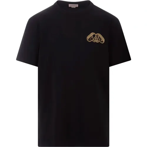 Schwarzes Crew-neck T-Shirt mit Goldenem Siegel - alexander mcqueen - Modalova