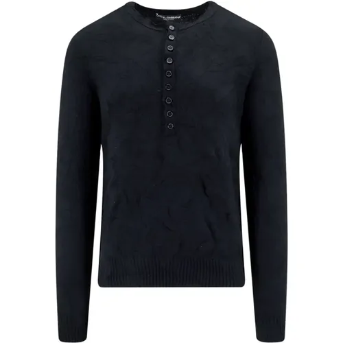 Schwarzer Wollpullover mit Rundhalsausschnitt und Knöpfen , Herren, Größe: 2XL - Dolce & Gabbana - Modalova