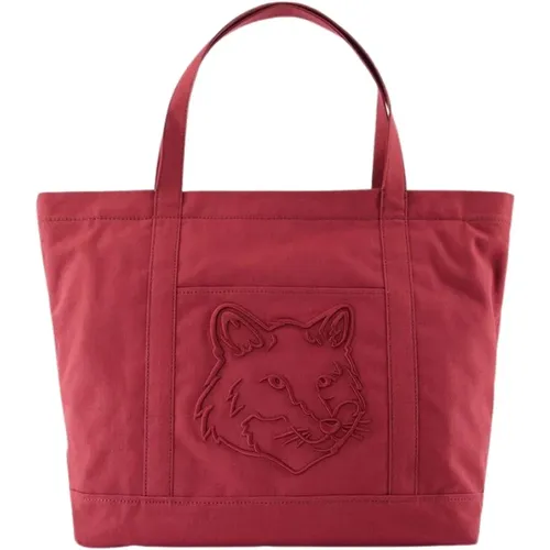 Rote Leder Shopper Tasche mit Canvas Gurt - Maison Kitsuné - Modalova