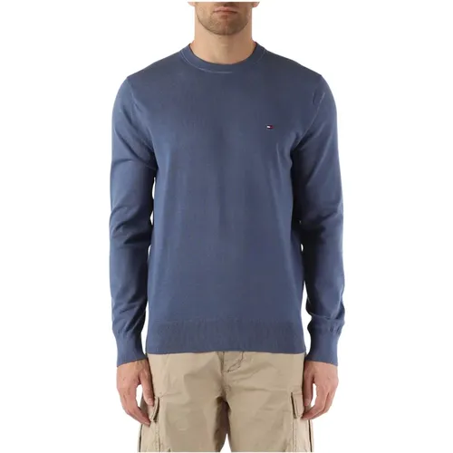 Cotton crewneck sweater with logo embroidery , male, Sizes: L, XL, 2XL, S, M, 3XL - Tommy Hilfiger - Modalova