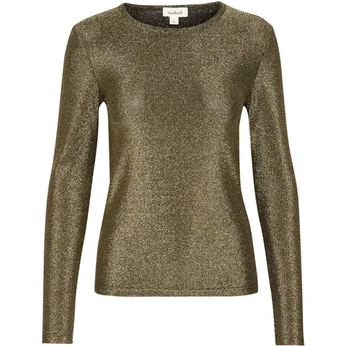 Glimmertop Rundhals Langarm Gold , Damen, Größe: L - Soaked in Luxury - Modalova