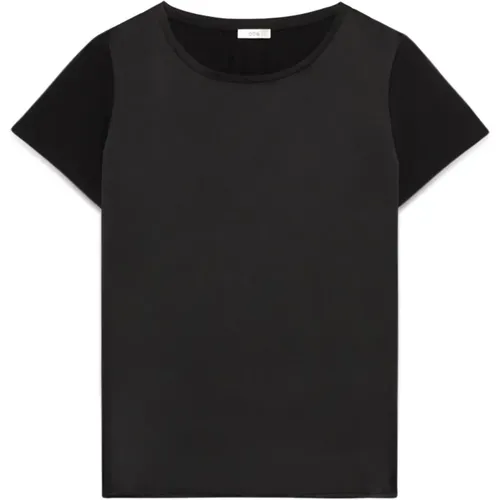 T-Shirt mit Satin Vorderseite und Rundhalsausschnitt , Damen, Größe: S - Oltre - Modalova