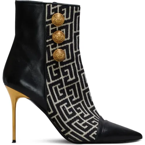 Jacquard-Monogramm und Leder Roni Stiefeletten - Balmain - Modalova