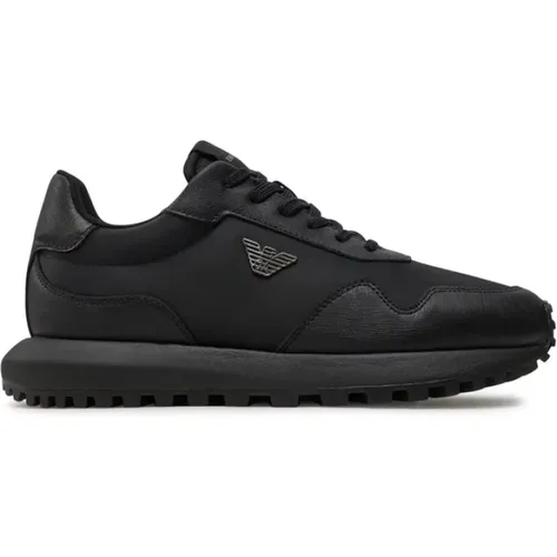 Schwarze Sneakers mit Metalladler-Detail , Herren, Größe: 43 EU - Emporio Armani - Modalova