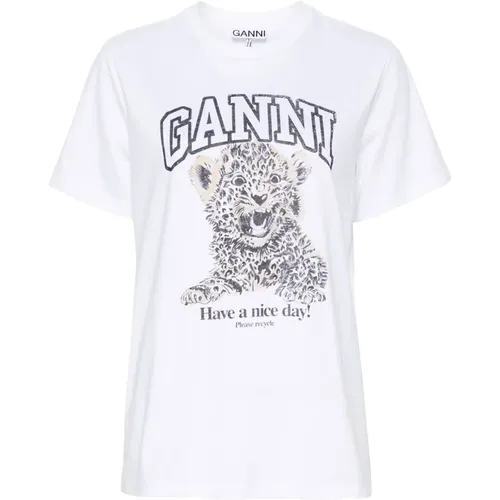 Leopardenmuster Grafik T-Shirt , Damen, Größe: XS - Ganni - Modalova