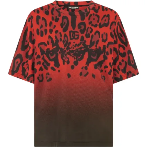 Rotes Leopardendruck Baumwoll-Jersey T-Shirt - Dolce & Gabbana - Modalova