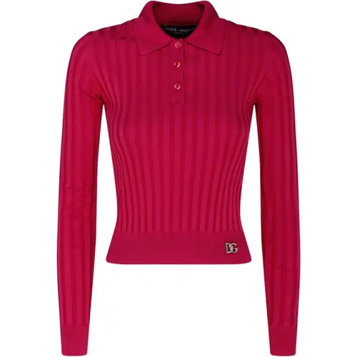 Fuchsia Silk Cropped Polo Shirt , female, Sizes: XS - Dolce & Gabbana - Modalova