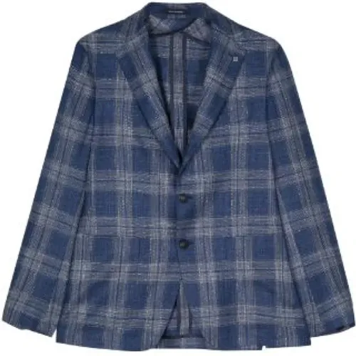 Navy Checkered Button Blazer , male, Sizes: L - Tagliatore - Modalova