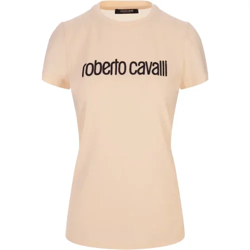Ivory Stretch Baumwoll T-Shirt mit Logo-Stickerei , Damen, Größe: S - Roberto Cavalli - Modalova
