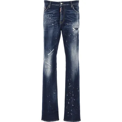 Navy Cotton Straight Jeans with Contrasting Color Details , male, Sizes: XS - Dsquared2 - Modalova