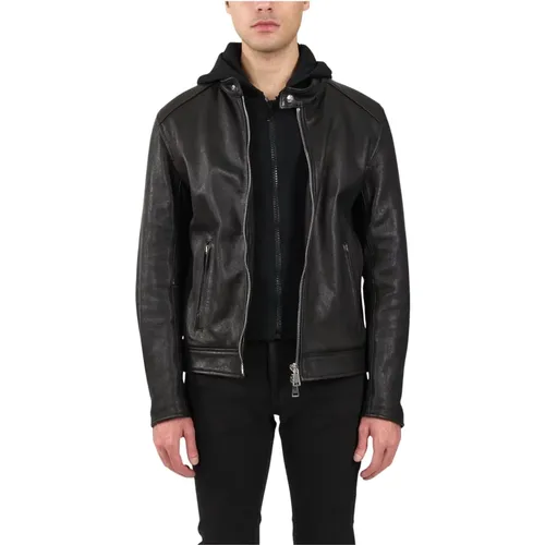 Leather Biker Jacket with Hood , male, Sizes: L, XL - Dondup - Modalova