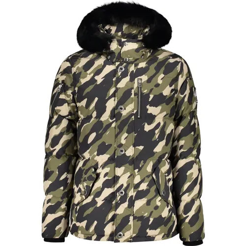 Camouflage Kapuzen Daunenjacke mit Pelzbesatz , Herren, Größe: M - Moose Knuckles - Modalova