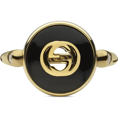 Interlocking Ring in gold, onyx and diamond , female, Sizes: 54 MM, 52 MM - Gucci - Modalova