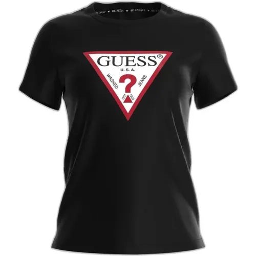 Schwarzes figurbetontes Baumwoll-T-Shirt , Damen, Größe: M - Guess - Modalova