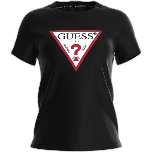 Schwarzes figurbetontes Baumwoll-T-Shirt , Damen, Größe: S - Guess - Modalova