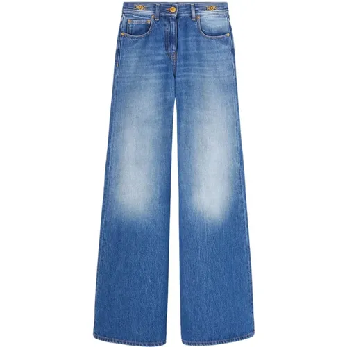 Indigo Denim Jeans with Gold-Tone Logo , female, Sizes: W26, W27, W28 - Versace - Modalova