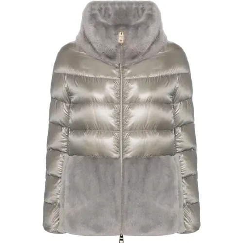 Quilted Grey Padded Coat with Faux-Fur , female, Sizes: L, XS, 2XS, S, M - Herno - Modalova