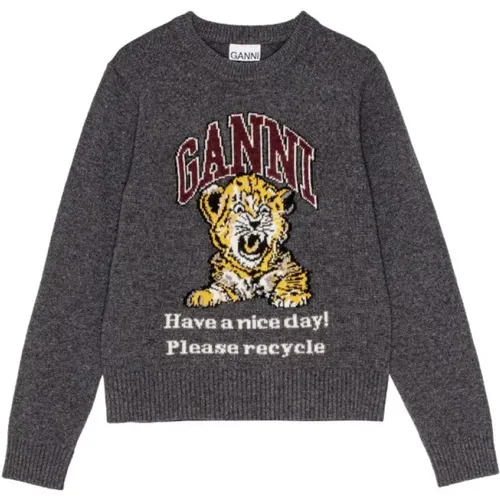 Grauer Tiger Logo Pullover , Damen, Größe: S - Ganni - Modalova