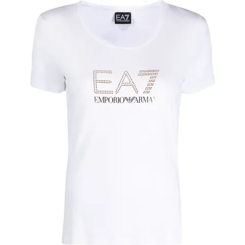 Weißes T-Shirt mit Strasssteinen - Emporio Armani EA7 - Modalova