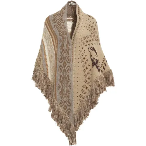 Fringed Jacquard Cape with Sequin Appliqués , female, Sizes: ONE SIZE - Akep - Modalova