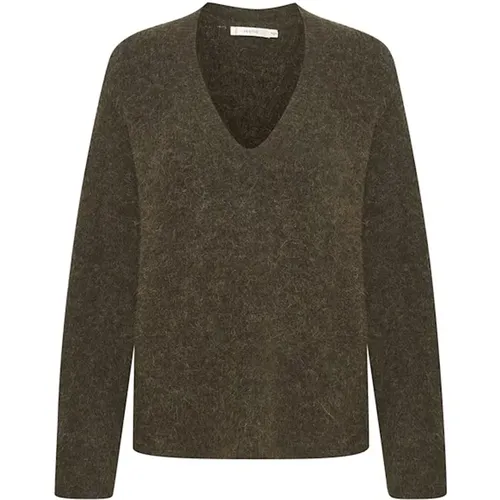 Dark Olive Melange V-Neck Sweater , female, Sizes: M, L, XS, XL, 2XS, S - Gestuz - Modalova