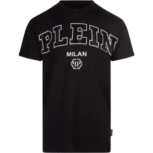 Schwarzes Crewneck T-Shirt mit Strass-Logo , Herren, Größe: S - Philipp Plein - Modalova