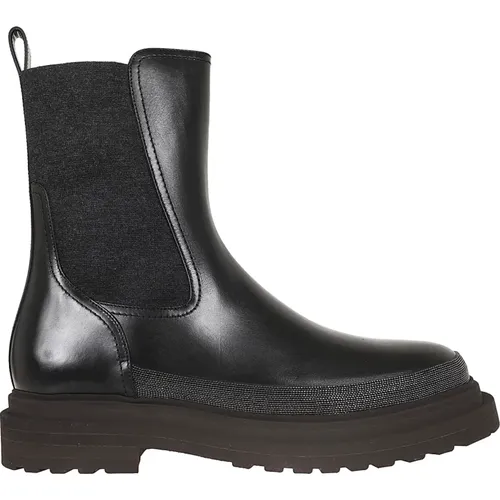 Schwarze Leder Stiefeletten mit Wollbändern - BRUNELLO CUCINELLI - Modalova