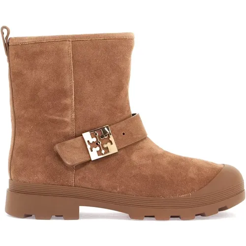 Suede ankle boots with Double T buckle , female, Sizes: 4 UK, 5 UK, 7 UK, 6 UK, 3 UK, 8 UK - TORY BURCH - Modalova