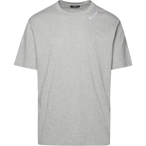 Grey Cotton T-Shirt with Logo Embroidery , male, Sizes: L, XL, M, 2XL - Balmain - Modalova