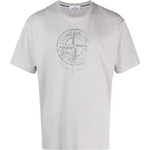 Logo Graues T-Shirt mit Kurzen Ärmeln , Herren, Größe: L - Stone Island - Modalova