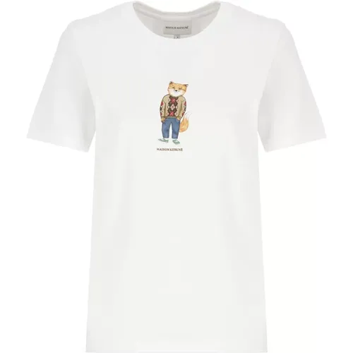 Weißes Baumwoll-T-Shirt mit Dressed Fox Print , Damen, Größe: L - Maison Kitsuné - Modalova