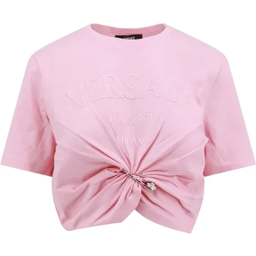 Rosa T-Shirt mit Rundhalsausschnitt und Logo-Print , Damen, Größe: S - Versace - Modalova