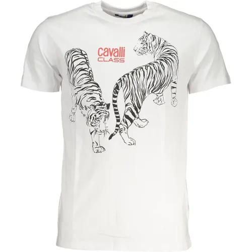 Weißes T-Shirt mit kurzen Ärmeln und Logo-Print , Herren, Größe: 2XL - Cavalli Class - Modalova