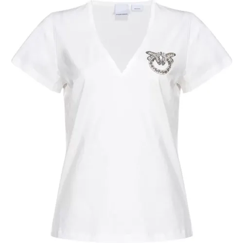 Love Birds Verziertes Weißes T-Shirt , Damen, Größe: L - pinko - Modalova