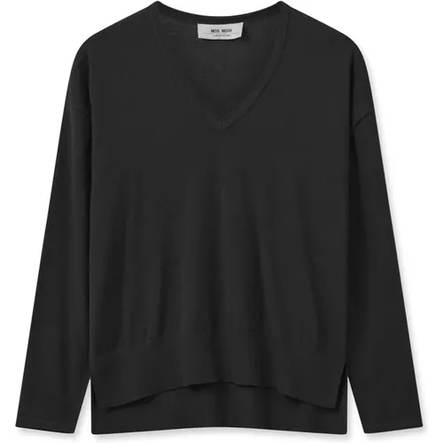 Schwarzer V-Ausschnitt Strickpullover , Damen, Größe: L - MOS MOSH - Modalova