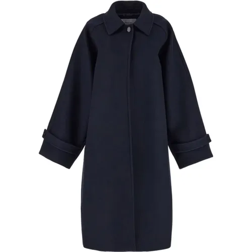 Navy Wool Coat - Single-Breast, Calf-Length , female, Sizes: 2XS - Salvatore Ferragamo - Modalova