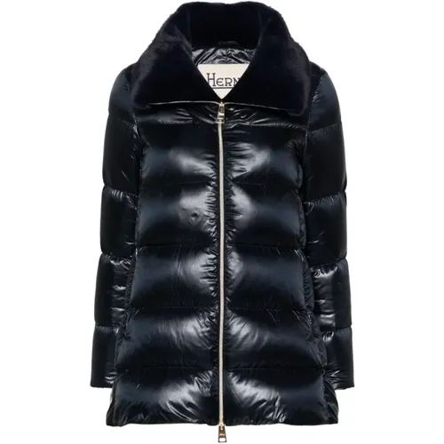 Navy Padded Coat Faux-Fur Collar , female, Sizes: M, XS, S - Herno - Modalova