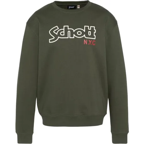 Ikonic Fleece Sweatshirt Grün Rundhals , Herren, Größe: L - Schott NYC - Modalova