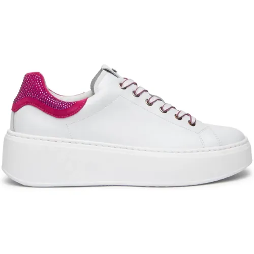 Weiße Ledersneakers mit Fuchsia-Einsatz , Damen, Größe: 40 EU - Nerogiardini - Modalova