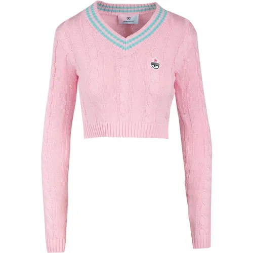 V-neck Knitwear with Embroidered Logo , female, Sizes: S - Chiara Ferragni Collection - Modalova