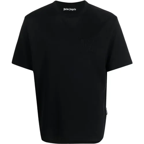 Schwarzes Monogramm T-Shirt mit Besticktem Logo,Schwarzes Baumwoll-T-Shirt - Palm Angels - Modalova