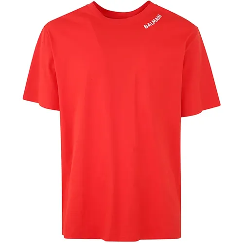 Stitch Collar T-Shirt Straight Fit , male, Sizes: L - Balmain - Modalova