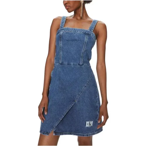 Blaues Baumwollkleid mit Trägern , Damen, Größe: M - Calvin Klein Jeans - Modalova