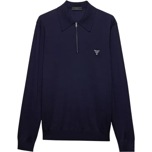 Embroidered Logo Wool Knit Polo Shirt , male, Sizes: L, M - Prada - Modalova