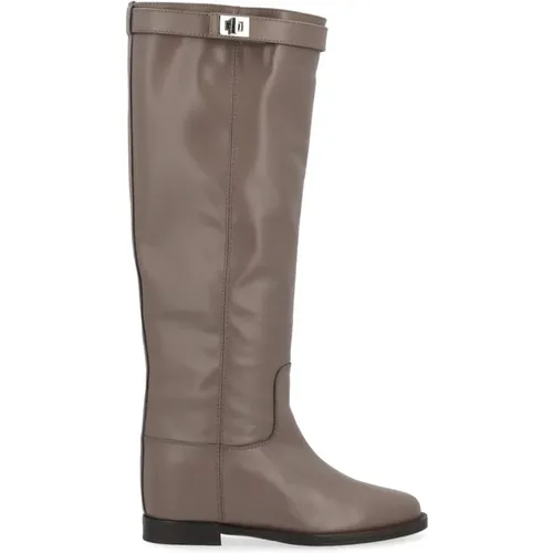 Taupe Hohe Stiefel mit Silberschloss , Damen, Größe: 38 1/2 EU - Via Roma 15 - Modalova