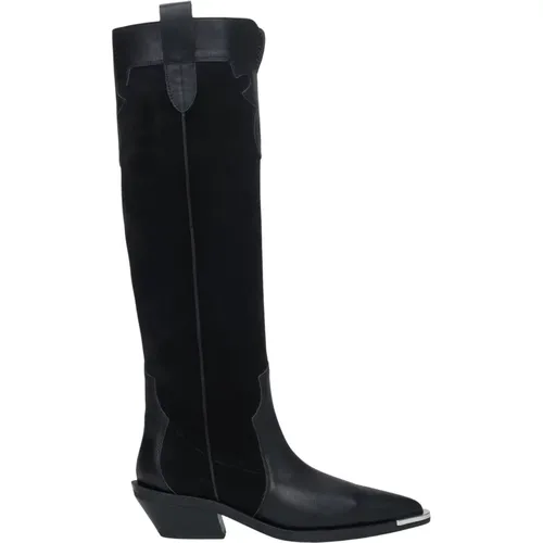 Damen Hohe Schwarze Cowboy Stiefel aus Premium Italienischem Velours und Echtem Leder , Damen, Größe: 39 EU - Estro - Modalova